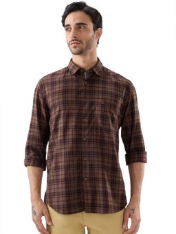 Parx - Slim Fit Checkered Dark Brown Shirt