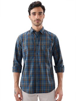 Parx - Slim Fit Checkered Dark Blue/Brown Shirt