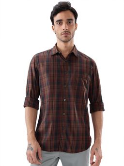 Parx - Slim Fit Checkered Dark Brown Shirt