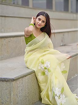 Aparna - Yellow Abstract Flower Print Fine Organza Saree Without Blouse For Women