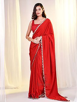 Aparna - Cherry Red Cotton Based Satin Saree Without Blouse With Golden Lace