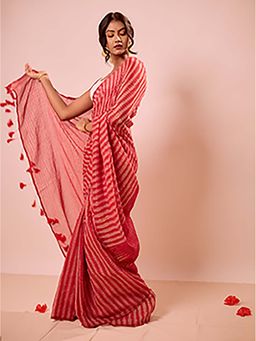 Aparna - Red And Golden Stripe Premium Mul Cotton Saree Without Blouse