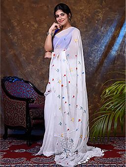 Aparna - White Cotton Embroidery Saree With Unstitched Blouse For Women