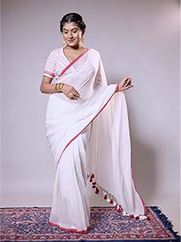 Aparna - White Red Boder Cotton Saree Without Blouse For Women
