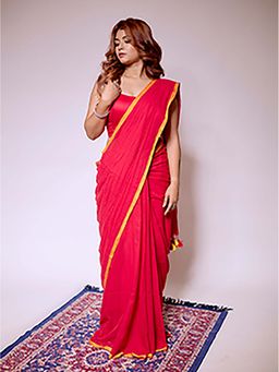 Aparna - Red Premium Mulcotton Saree Without Blouse With Yellow Boder For Women