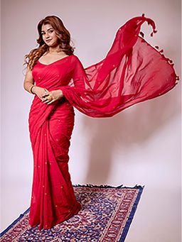 Aparna - Red Mulcotton Saree Without Blouse With Golden Chumki For Women