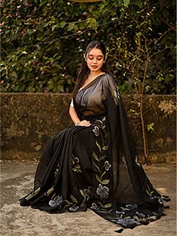 Aparna - Black Printed Fine Organza Saree Without Blouse
