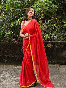 Aparna - Red Solid Saree Without Blouse With Yellow Border For Women