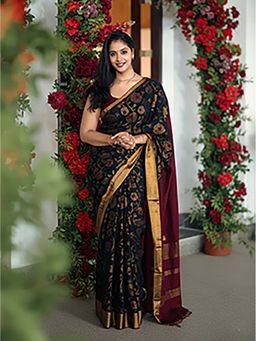 Aparna - Black & Golden Premium Handloom Cotton Saree Without Blouse For Women