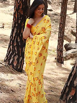 Aparna - Yellow Premium Hand Printed Cotton Saree Without Blouse For Women