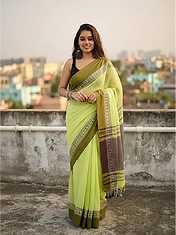 Aparna - Tea Green Cotton Solid Saree With Unstitched Blouse For Women