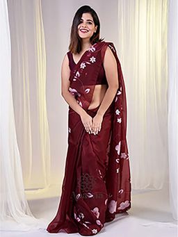 Aparna - Flower Printed Maroon Organza Saree Without Blouse For Women