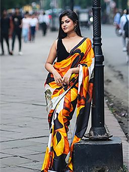 Aparna - Multicolour Digital Print Satin Saree Without Blouse For Women