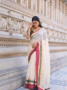 Aparna - Off White Zari Cotton Saree Without Blouse For Women