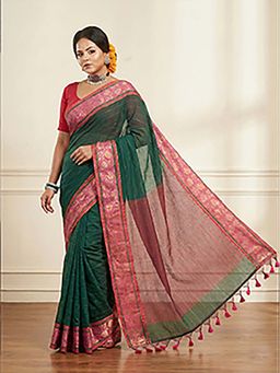 Aparna - Bottle Green Zari Work Cotton Saree Without Blouse For Women