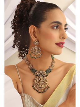 SWABHIMANN - Arasi Green Temple Work Necklace with Earrings