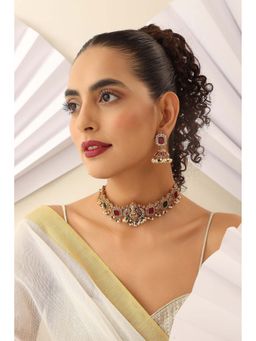 SWABHIMANN - Ushika Red Temple Work Choker with Earrings