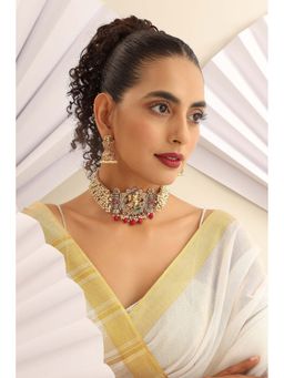 SWABHIMANN - Ishaani Red Temple Work Choker with Earrings