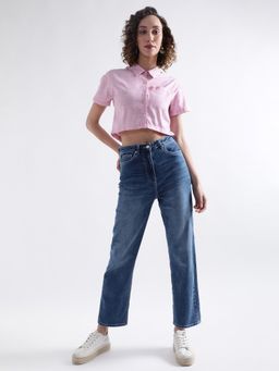 ELLE - Womens Solid Spread Collar Short Sleeve Boxy Fit Crop Shirt