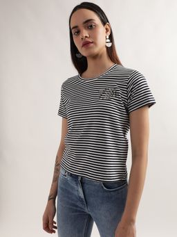 ELLE - Womens Striped Round Neck Short Sleeve Regular Fit T-Shirt