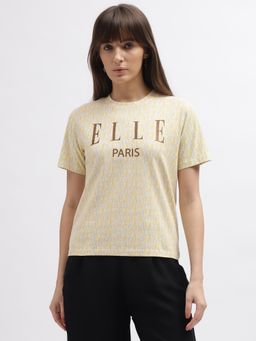 ELLE - Womens Typography Crew Neck Short Sleeve Relaxed Fit T-Shirt