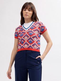 ELLE - Womens Geometric V-Neck Short Sleeve Fitted T-Shirt