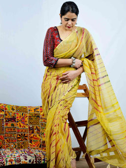 Sundarii - Marigold Kota Doria Saree with Unstitched Blouse