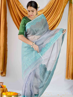 Sundarii - Cloud Handwoven Matka Silk Jamdani Sequin Work Saree with Unstitched Blouse