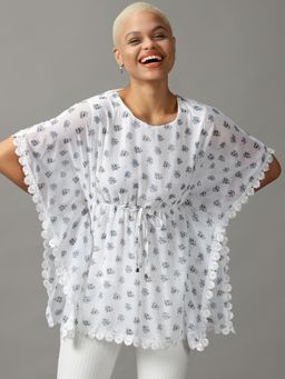 SHOWOFFFF - Womens Round Neck Kaftan Printed White Longline Top