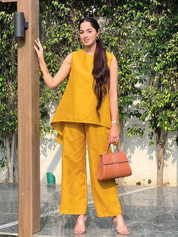 Uptownie - Women Linen Asymmetric Two Piece Co-Ord Yellow (Set of 2)