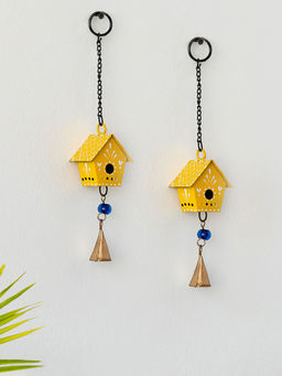 ExclusiveLane - Mini Huts Kutch Decorative Hanging Wind Chimes Iron Yellow (Set of 2)
