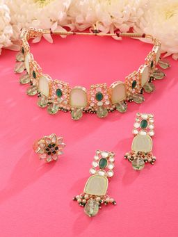 Zaveri Pearls - Green Stones & Beads Kundan Necklace Earring & Ring Set-ZPFK15448