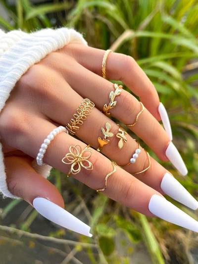 Combo Of 10 Gold Tone Pearl Floral Party Fashion Ring Set