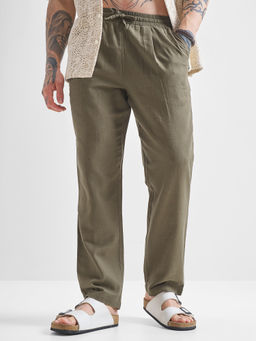 HIGHLANDER - Olive Solid Elasticated Pleated Trouser
