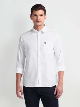 U.S. Polo Assn. Denim Co. - White Solid Slim Fit Cotton Blend Mens Shirt