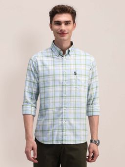 U.S. POLO ASSN. - Light Blue Tartan Checked Tailored Fit Cotton Mens Shirt