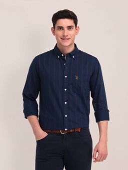 U.S. POLO ASSN. - Navy Blue Striped Tailored Fit Cotton Mens Shirt