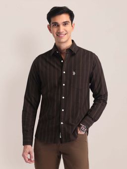 U.S. POLO ASSN. - Dark Brown Striped Tailored Fit Cotton Mens Shirt