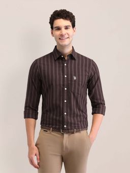 U.S. POLO ASSN. - Dark Brown Striped Tailored Fit Cotton Mens Shirt