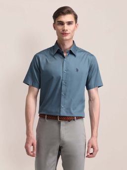U.S. POLO ASSN. - Steel Blue Self Design Tailored Fit Satin Mens Shirt