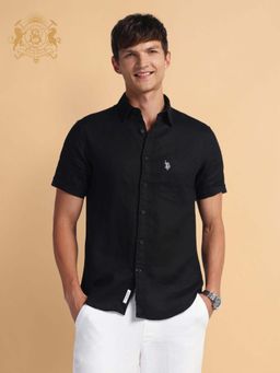 U.S. POLO ASSN. - Black Solid Tailored Fit Linen Mens Shirt