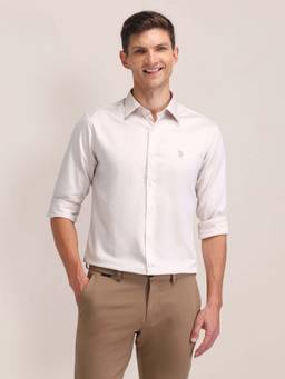 U.S. POLO ASSN. - Ivory Self Design Regular Fit Cotton Mens Shirt