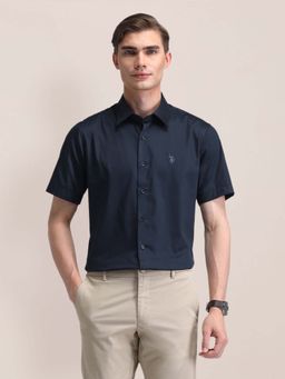 U.S. POLO ASSN. - Navy Blue Solid Tailored Fit Satin Mens Shirt