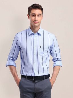 U.S. POLO ASSN. - Light Blue Striped Tailored Fit Cotton Mens Shirt