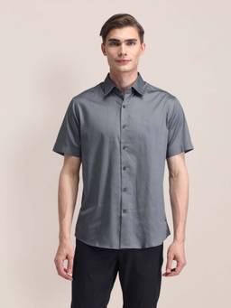 U.S. POLO ASSN. - Charcoal Grey Solid Tailored Fit Cotton Mens Shirt