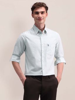 U.S. POLO ASSN. - Light Green Striped Regular Fit Cotton Mens Shirt