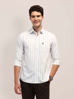 U.S. POLO ASSN. - White Striped Tailored Fit Cotton Mens Shirt