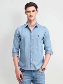 U.S. Polo Assn. Denim Co. - Light Blue Solid Slim Fit Cotton Mens Shirt