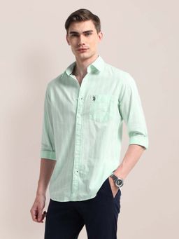 U.S. POLO ASSN. - Sea Green Striped Regular Fit Mens Shirt