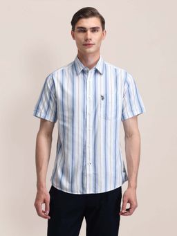 U.S. POLO ASSN. - Light Blue Striped Regular Fit Cotton Mens Shirt